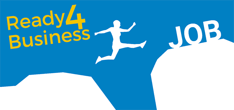 Ready4Business - Die Silhouette eines Mädchens, dass über einen Abgrund springt zu einem Schriftzug 